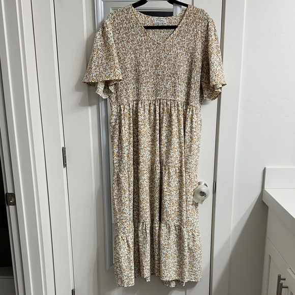 Polagram Dresses & Skirts - Floral Smocked Midi Dress in Cream and Mustard with pockets